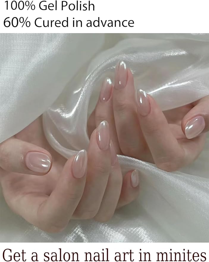 Semi Cured Gel Nail Strips, 20pcs Glazed Donut Milky, Pearl White Gel Nail Stickers for Home Nails DIY