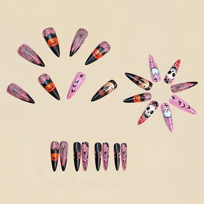 Stiletto Press on Nails Long,Halloween Fake Nails with Ghost & Skull Designs,Halloween Spider Web Pumpkin Bat Stick on Nails Pink Acrylic Nail for Women Girls Halloween Nail Art Decor 24Pcs