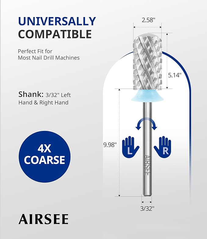 AIRSEE Tungsten Carbide Acrylic Nail Drill Bit Efile Electric File Machine Head Tip for Manicure Polishing Art Remove Gel 3/32" 2 Way Beginner Safety Round Top Cylinder Barrel 4X Coarse-4XC