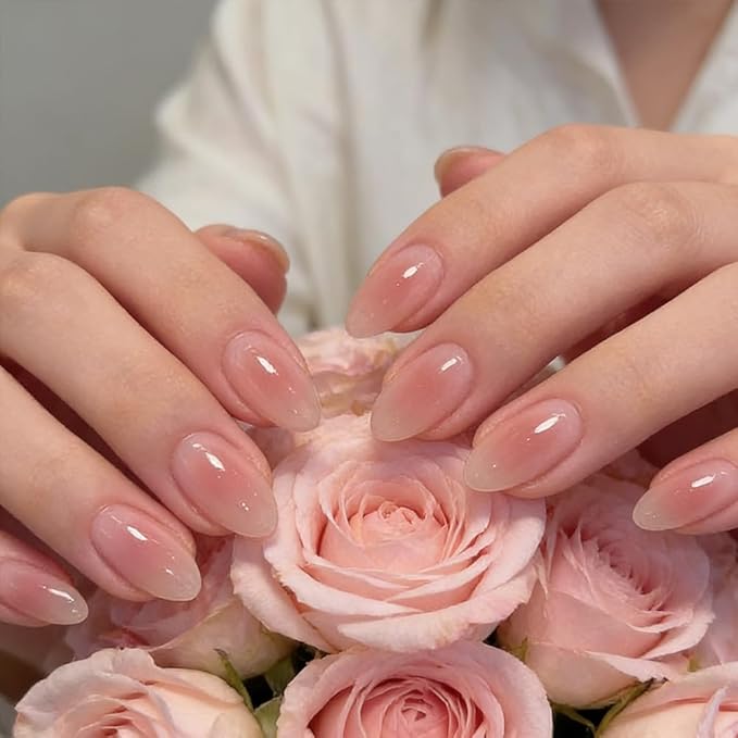 Pink Press on Nails Short Almond Fake Nails Press ons with Designs Ombre False Nails Acrylic Glossy Full Cover Cute Glue on Nails Artificial Reusable Stick on Nail for Women Manicure 24 Pcs