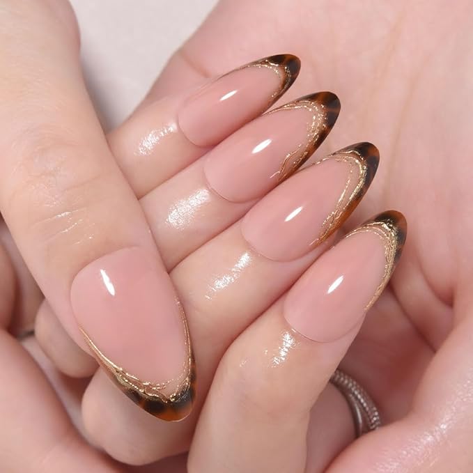 evpct Nude Glitter Press on Nails Short Almond with 3D Gold Line, Sexy French Tip Stick on Nail for Women, Reusable Full Cover Soft Gel Press on Fake Nail with Gold Line Design Perfectly Fit