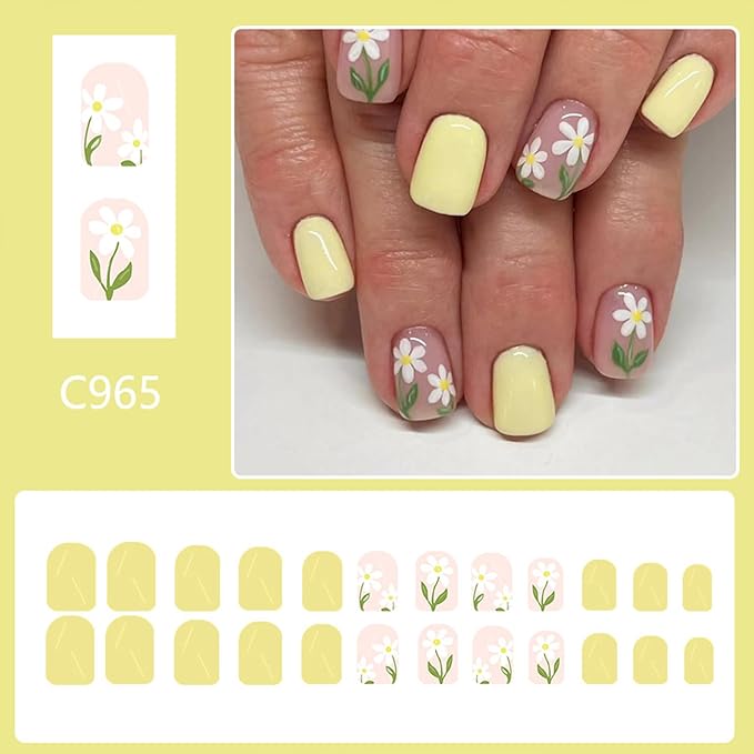 Short Press on Nails Square Fake Nails with Designs Flower Artificial Nails Yellow False Nails Summer Acrylic Nails Press ons Glossy Full Cover Stick on Nails for Women Girls 24Pcs