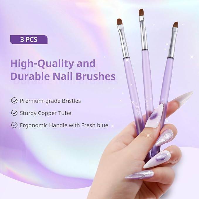 AIRSEE Nail Art Clean Up Brushes, 3 PCS Flat/Oval/Fine Angled Gel Nail Brush for Cleaning Polish Mistake on the Cuticles, Painting Brushes, Art Design DIY Tools, Purple