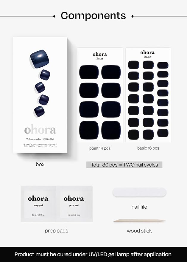 ohora Semi Cured Gel Pedi Strips (P Sepia Mirror) - Works with Any Lamps, Salon-Quality, Long Lasting, Easy to Apply & Remove - Includes 2 Prep Pads, Nail File & Wooden Stick