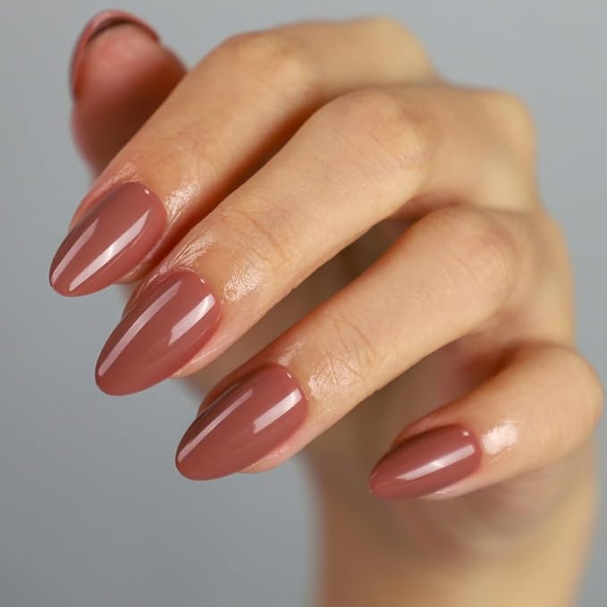 Light Maroon Press On Fall Nails Short 16 Sizes 32pcs, Almond Fake Nails Glossy, Nail Glue Included (Withered Rose)