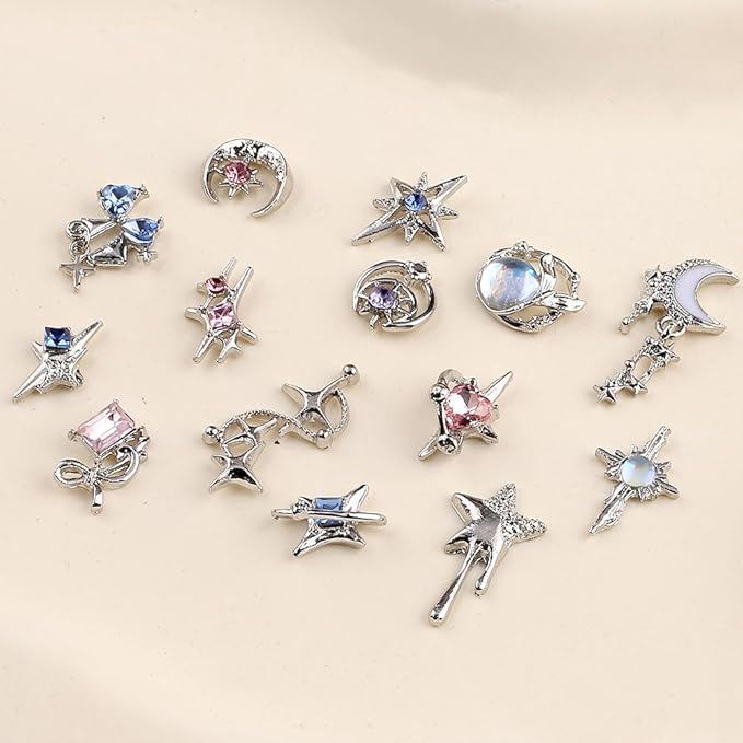 16 Styles Luxury Moon Star Nail Charms for Acrylic Nails Alloy Rhinestone Star Moon Nail Art Charms 3D Bow Butterfly Silver Nail Charms Y2k Nail Accessories Metal Nail Jewels for Nail Art Supplies