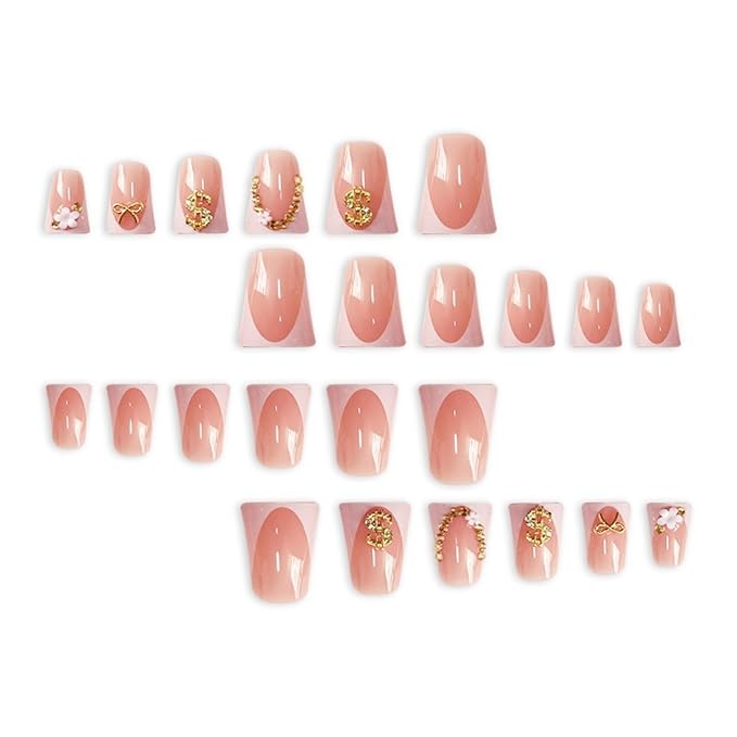 White French Tip Press on Nails Duck Fake Nails Bow Nail Press ons with Rhinestone Design Dollar Glue on Nails Reusable Artificial Glossy Full Cover Acrylic Stick on Nail for Women Manicure 24Pcs