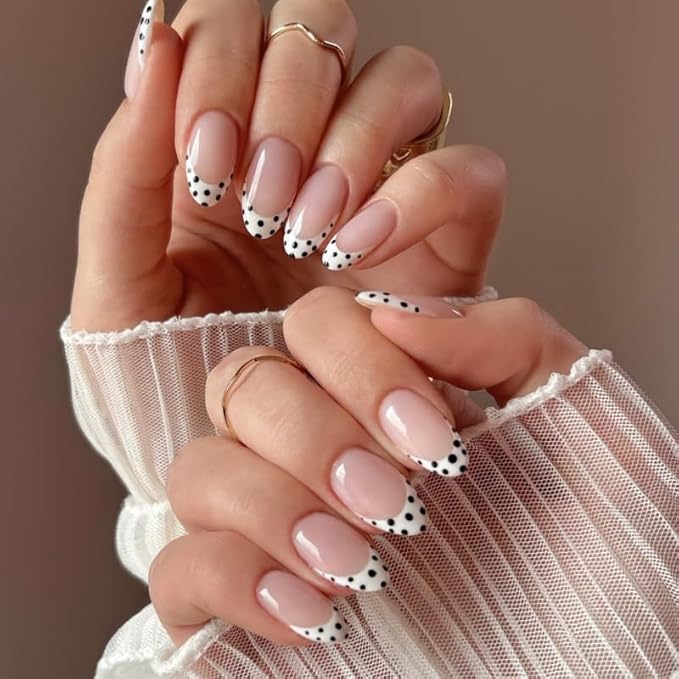 French Tip Press on Nails Polka Dot Fake Nails Almond Medium False Nails Cute Glue on Nails Reusable Acrylic Nail Glossy full Cover Stick on Nail for Women Manicure Deco 24Pcs