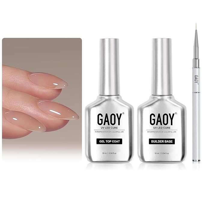 GAOY 2 Pcs Glassy Gel Top Coat and Rubber Base, Jelly Builder Base Nude Sheer Pink 02 Nude Jelly with Detailed Liner Brush, Soak Off Nail Strengthener UV Light Cure