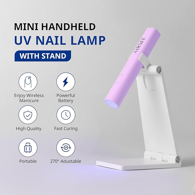 AIRSEE Mini Handheld UV Light with Stand,Portable Rechargeable Nail Lamps,2 Timers for Fast Nail Extension,Rhinestone Glue Decoration,Gel Strips at Home,Travel(Purple)