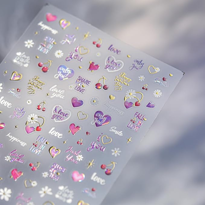 5D Embossed Valentines Day Nail Stickers Self-Adhesive Letter Nail Art Stickers Gold Purple Pink Retro Alphabet Cherry Love Designs Cute Nails Art Supplies Heart Nail Decals for Women Manicure DIY