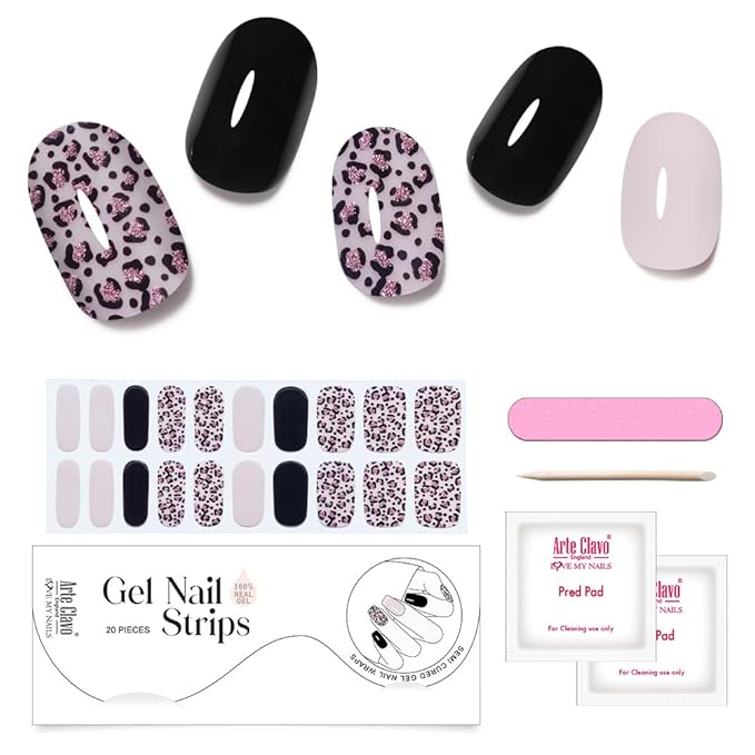 Arte Clavo Semi Cured Gel Nail Strips, 20 Pcs Gel Nail Stickers with UV Light Required, Salon Quality, Long Lasting, Easy Apply and Remove (Pink Leopard)