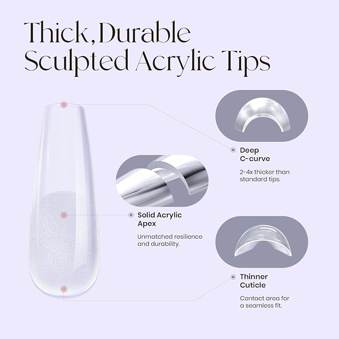 Tipex Instant Apex Gel Nail Tips Kit – 500pcs Pre-Etched Sculpted Long Coffin Acrylic Nail Tips, Thicker Full Cover Press-On Nails for Flat Nails, 30g/1.06oz UV Nail Glue Included
