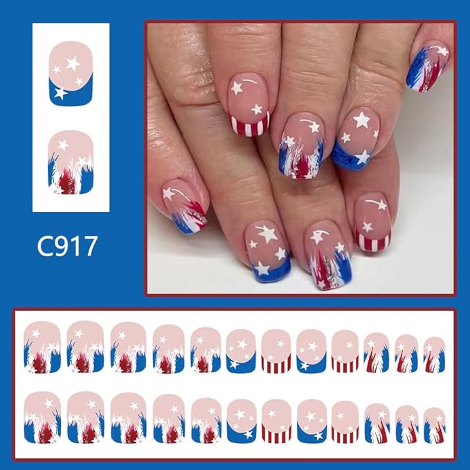 24Pcs Independence Day Press on Nails French Tip Fake Nails Short Square False Nails with Stripe Tip Designs Five-Pointed Star Stick on Nails Full Cover Reusable Acrylic Nails for 4th of July