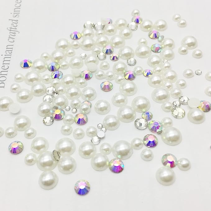 Nail Pearls Rhinestones for Nail Art,Clear Nail Gems Diamonds and AB Nail Crystals,Beige Flat Pearls for Nails,Nail Beads Supplies Accessories Stuff for Nail Tech,Craft DIY Pearl with Wax Pen Tweezers