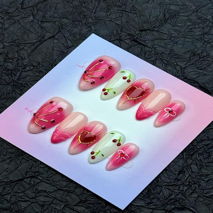 100% Handmade Press on Nails Medium Almond Handmade Nails with Hearts Bow Design Pink Fake Nails Glossy Gold Lines Nail Press ons Reusable Spring Summer Valentine Acrylic Nails for Women Size L 10Pcs