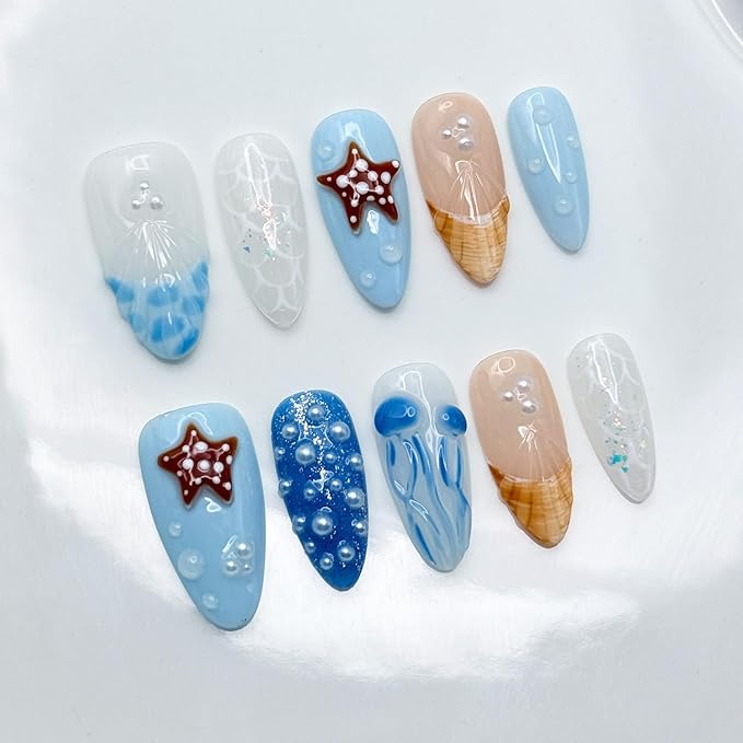 Luxury Handmade Almond Press on Nails with Glue,Ocean False Nails 3D Jellyfish Art Designs Blue Acrylic Nails Handmade Nail Reusable Muti-Layer Gel Thick False Nails for Women 10 Pcs (Size S)
