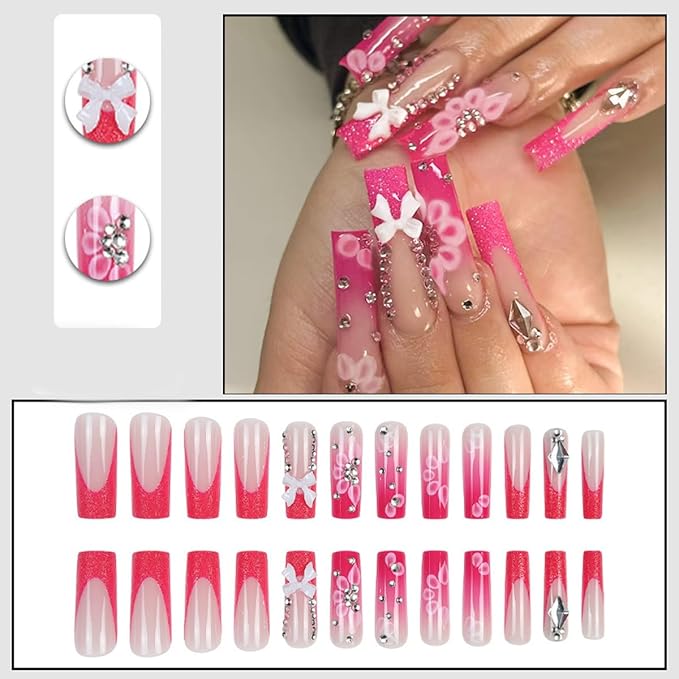 Pink French Tip Press on Nails Long Square Fake Nails 3D Bow Rhinestone Design Full Cover Glossy Glue on Nails for Women 24PCS