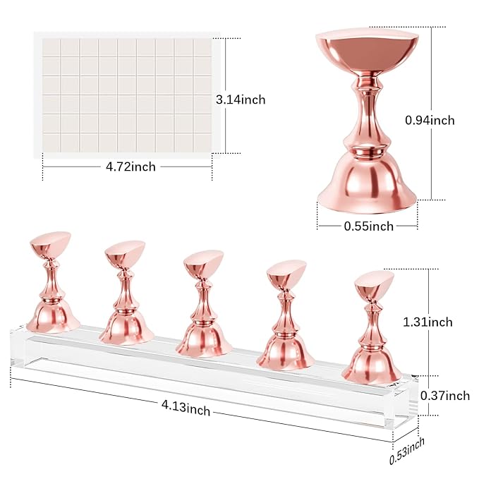 Nail Stand Acrylic Nail Art Display Stand Magnetic Nail Tips Practice Holder 54 Pcs Reusable Adhesive Putty for DIY Painting Nails Stand kit (Rose Gold)