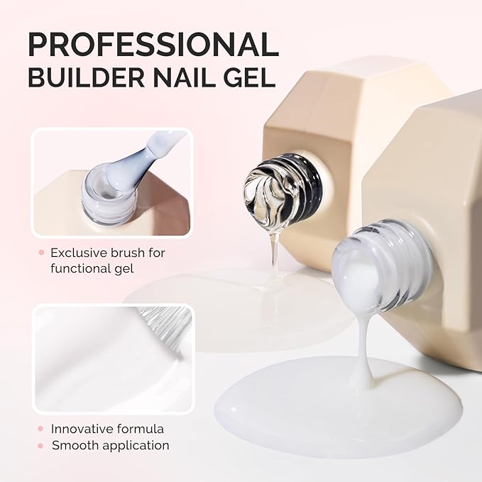 MelodySusie 2PCS 15ML Clear Milky White Builder Nail Base Gel for Nails Thickening,Soak Off UV Extension Gel,Rhinestone Nail Glue in a Bottle for Nail Art Design Gift for Women