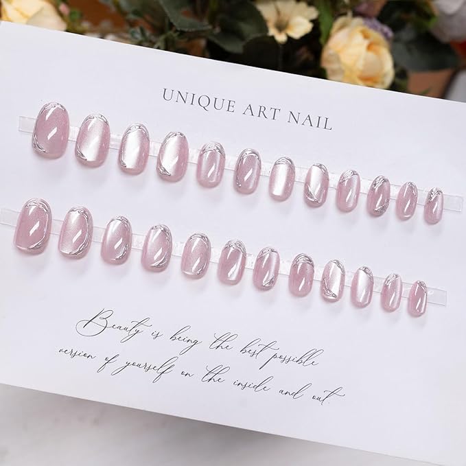 Oval Press on Nails Short Fake Nails Pink Cat Eye Nails Press ons with Silver Chrome Edge Design,Reusable & Easy Apply Full Cover Stick on Nails for Women Manicure 24Pcs