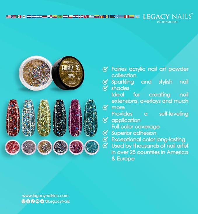Legacy Nail Acrylic Powder Collections - 6 Colors Professional Nail Art Powder Set Manicure DIY for Dip & Acrylic Nail Extensions (Fairies Collection)