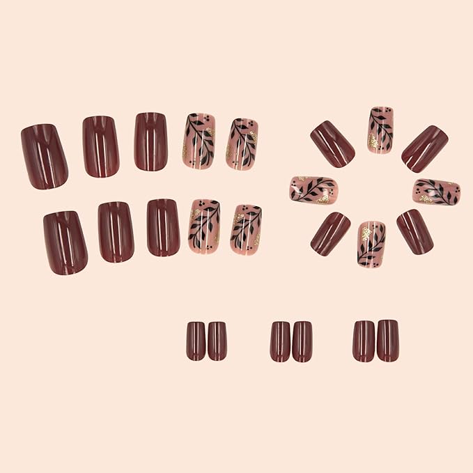 Brown Press on Nails Medium Square Fake Nails Fall Winter Nails Press ons with Gold Foil & Leaf Design,Reusable Artificial Nails Glossy Full Cover Glue on Nail Stick on Nails for Women Manicure 24Pcs