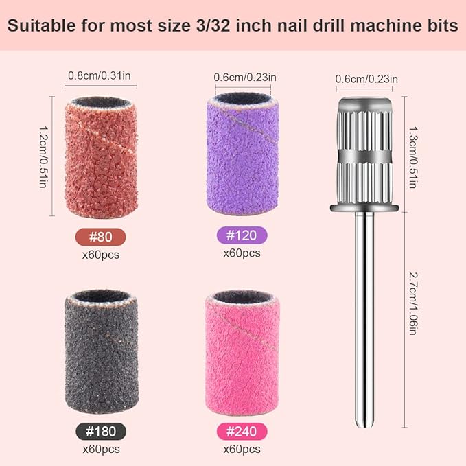 Rolybag Sanding Bands for Nail Drill Nail Sanding Bands Professional Sanding bit Nails 240 Pieces 4 Color Coarse Fine Grit Efile Sand Set 80#120#180#240# 2 Pieces Nail Drill Bits