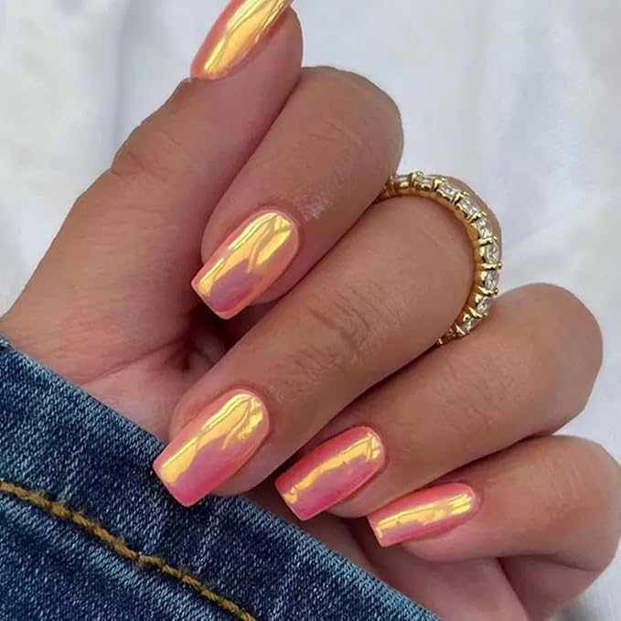 6 Packs (144 Pcs) Press on Nails Medium Square Fake Nails Chrome False Nails with Designs Hot Pink Siliver Glue on Nails Full Cover Solid Color Glossy Acrylic Stick on Nail for Women Manicure