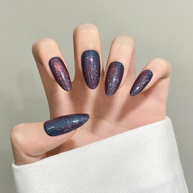Dark Blue Almond Cat Eyes Press On Nails,12 Sizes - 24 Pcs Soft Gel Blue Medium Fake Nails Kit with Nail Glue, Natural Reusable Stick On False Nails for Women and Girls SK1008