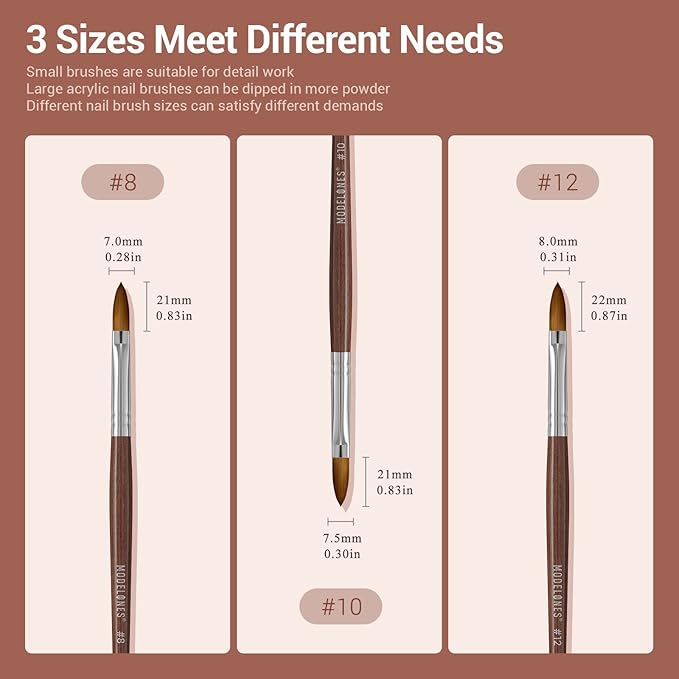 MODELONES Acrylic Nail Brush 100% Pure Kolinsky Hair Bristles Oval Crimped Shaped Sturdy Wooden Handle Acrylic Powder Nail Art Brush Professional Manicure Pedicure Size 8