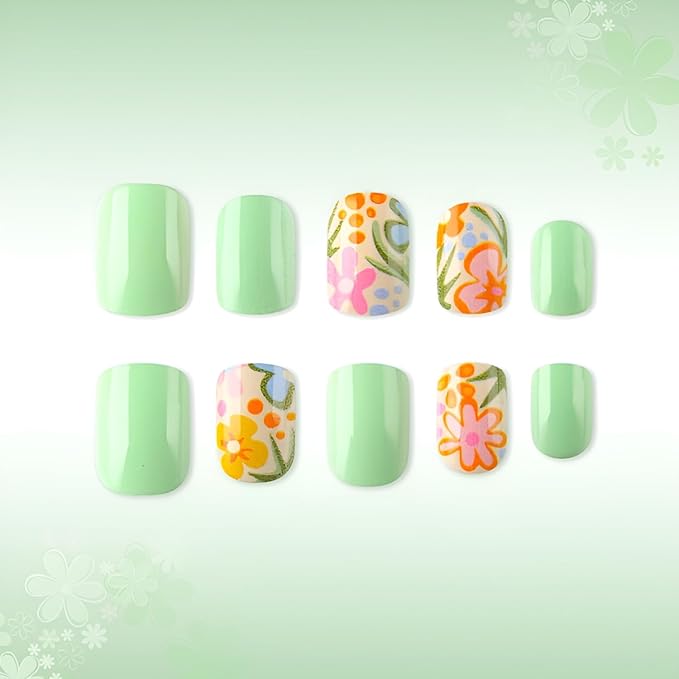 Flower Press on Nails Short Almond Fake Nails Colorful Flower Nails Press Ons Green False Nails Glossy Full Cover Glue on Nail Summer Spring Stick on Nail for Women Set Decorations Set 24Pcs