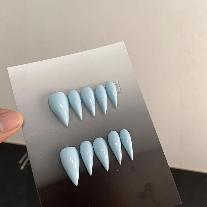 Press on Nails Medium Blue Stiletto Eagle Claw Reusable ABS Material Curved Handmade Fake Nails Dragon Claw Solid Colour Design Luxury Cat Claw Nude Glossy Thick Acrylic Glue on Nail(M)