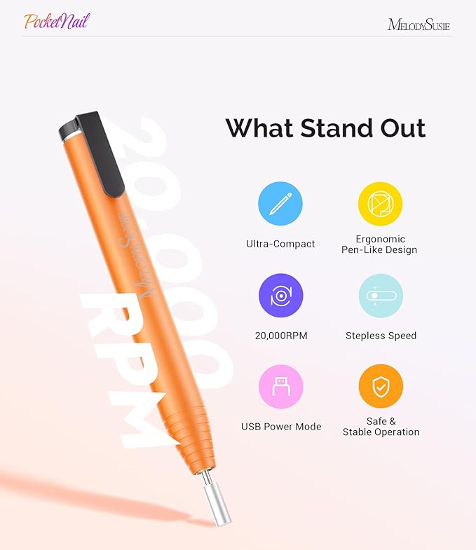 MelodySusie PocketNail Slim Ergonomic Pen-Shaped USB Nail Drill, PC100G 20000RPM Portable Electric File for All Manicure, Pedicure Nail Care, Shaping & Gel Removal at Home for Beginners