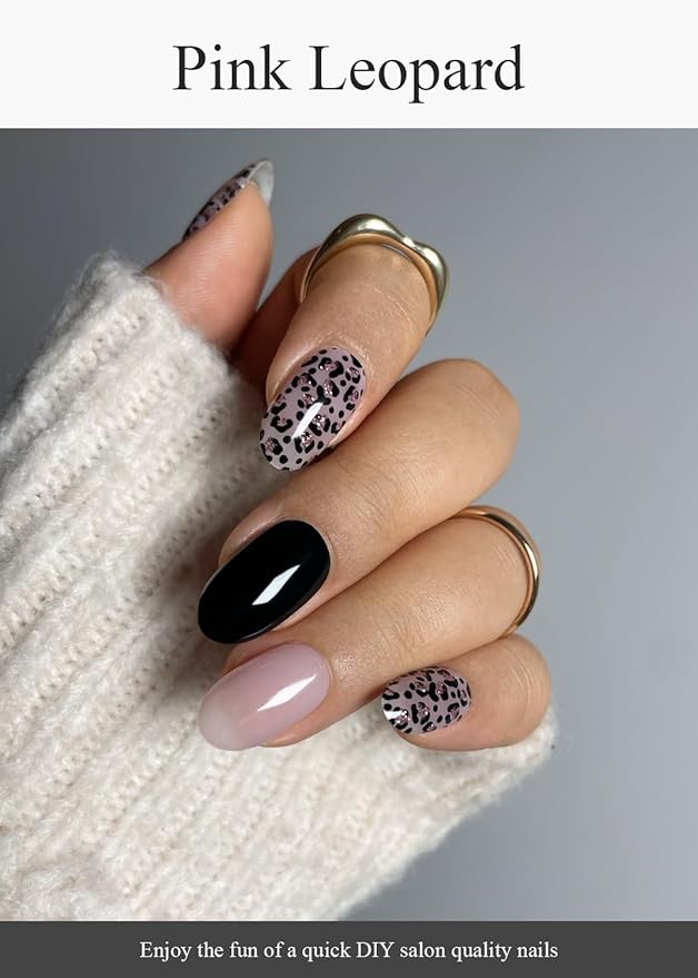 Semi Cured Gel Nail Strips (Pink Leopard), Purple, 20 Pcs Gel Nail Wraps, Stickers, Salon Quality, Long Lasting, Works with Any UV Lamps