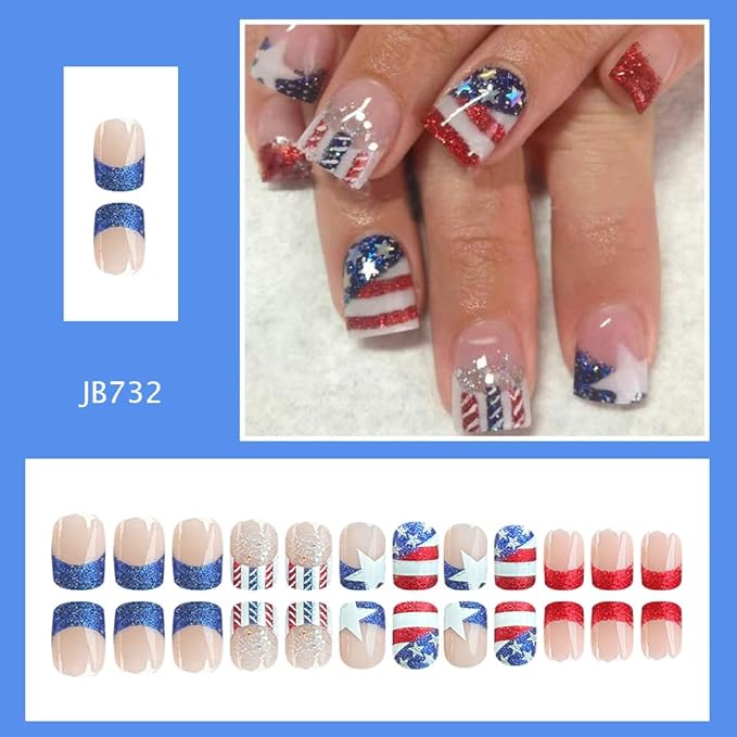 24Pcs Short Square Press on Nails Independence Day Nails Press ons Stripe Patriotic French Tip False Nails with Red Glitter Designs Five-Pointed Star Glue on Nails for Women 4th of July