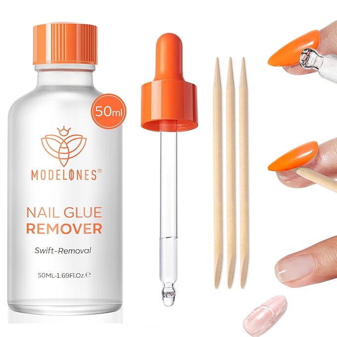 Modelones 50 ML Nail Glue Remover for Press On Nails, Upgrade Clear Stick On Nails Remover for Acrylic Tips, Nail Polish Remover with Wood Stick