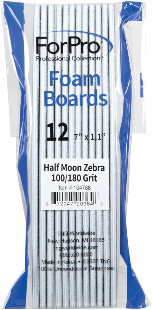 ForPro Professional Collection Half Moon Foam Boards, Zebra, 100/180 Grit, Double-Sided Manicure and Pedicure Nail Files, 7” L x 1.1” W, 12-Count