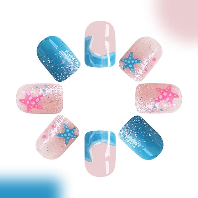 Short Square Press on Nails Summer Fake Nails Cute Blue Nails Press ons with Beach Vibes Sea Starfish Designs Full Cover Glue on Nail Stick on Nails for Women Manicure 24Pcs