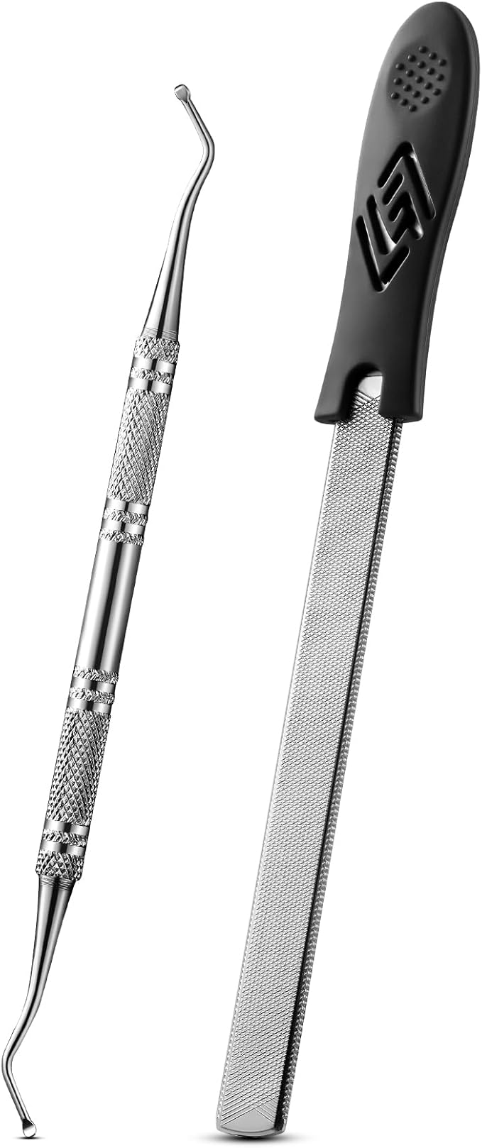 FVION Toenail File for Thick Nails and Toenail Lifter, 2pcs Stainless Steel Nail File and Ingrown Relief Set, Heavy Duty Metal Emery Board for Seniors, Men & Women Pedicure Tool (Black)