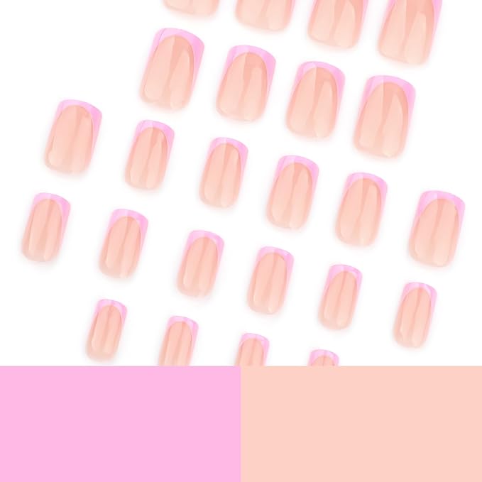 Press On Nails - Short French Tip Fake Nails, Purple & Pink, Acrylic, Glossy Glue, Full Cover, Artificial, 24PCs