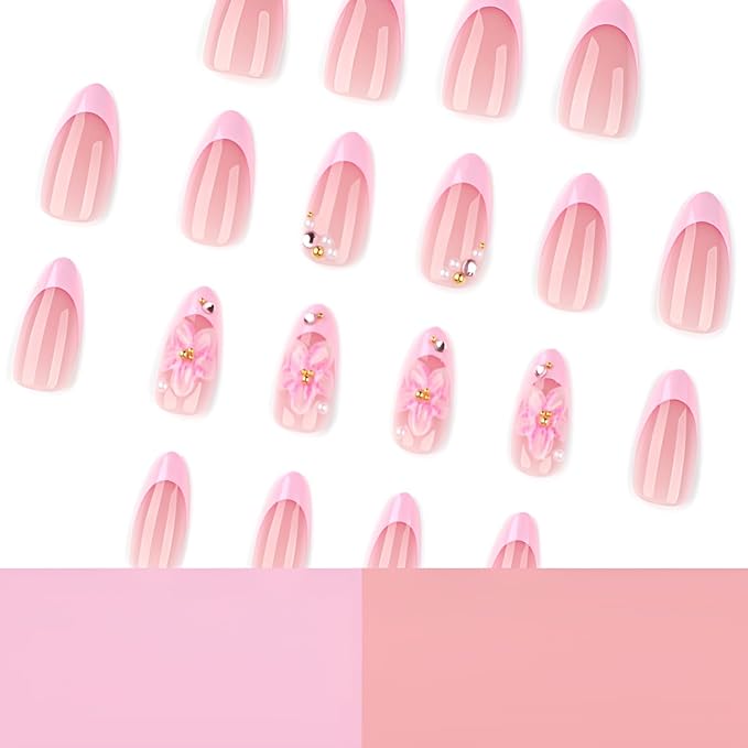 24Pcs French Tip Press on Nails Medium Almond Fake Nails 3D Flower Nails Press Ons Pink Glitter False Nails Glossy Glue on Nail with Pearl Design Acrylic Stick on Nail for Women Decorations set