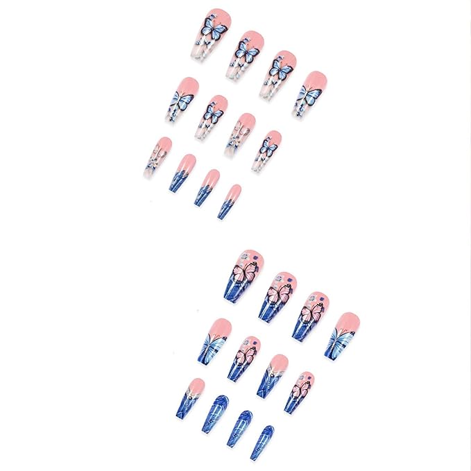 Butterfly Press on Nails Coffin Long Fake Nails With Blue Pink Butterfly Designs Blue French Tip Nails Press ons Acrylic Pink Full Cover Glue Stick on Nails for Women 24 Pcs