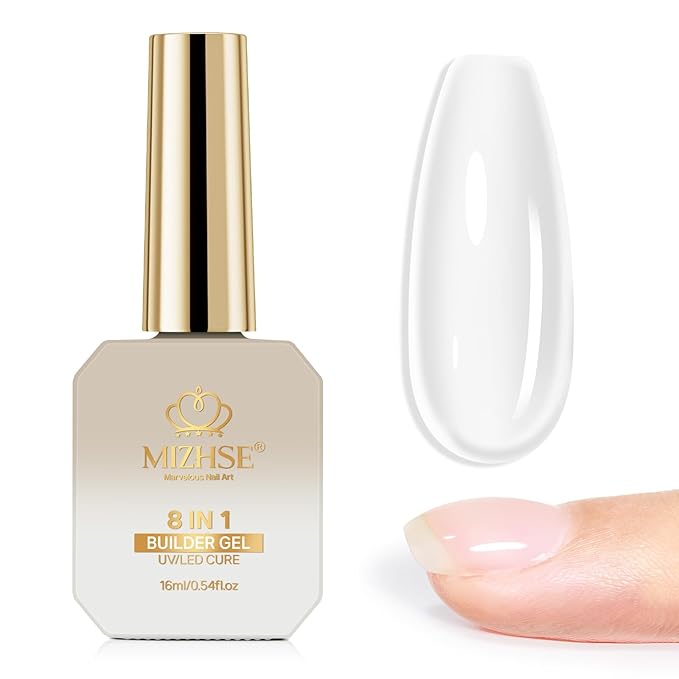 MIZHSE Builder Gel for Nails, 8-in-1 Clear Hard Builder Nail Gel Strengthener Gel Thickening Extension Rhinestone Glue in a Bottle for Nail Salon LED & U V Lamp Needed 16mL