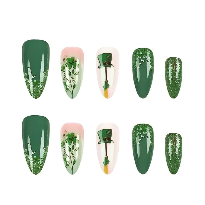 St. Patrick's Day Press on Nails Medium Almond Fake Nail with Green Glitter Designs False Nails Press Ons Stick on Nails Gift for Women 25pcs