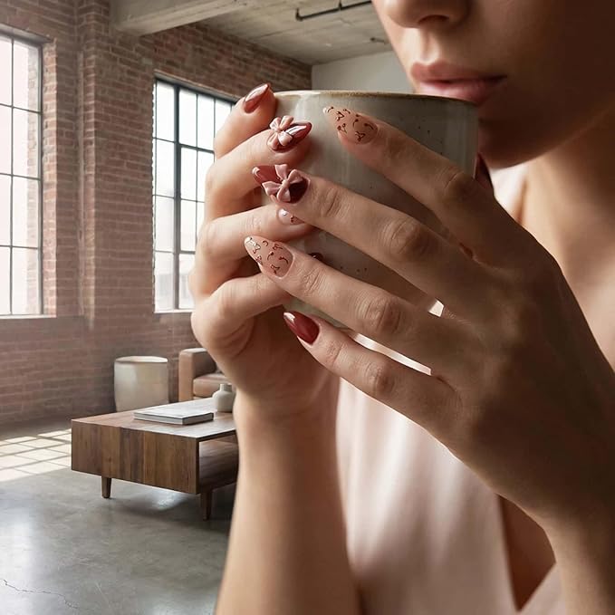 Short Almond Press on Nails Wine Red Full Cover False Nails with Bowknot Design Glossy with Cherry Design Acrylic Glue on Nails Removable Stick on Nails for Women Girls 30 Pcs
