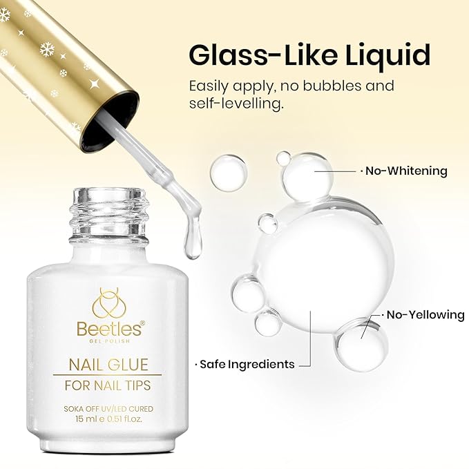 Beetles 2Pcs 15ml Gel Nail Glue, 9 In 1 UV Nail Glue for Acrylic Nail Tips, Super Strong Brush for Base Coat, Gift for Women, UV LED Light Required