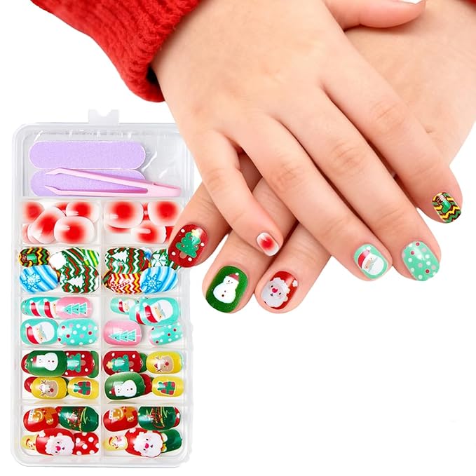120Pcs 10 Packs Christmas Press on Nails for Girls 5 Styles 12 Sizes Cute Short Press on Nails for Kids Press ons with Santa Claus Snowman Xmas Tree Elk Designs Full Cover for Little Girl Gift DIY