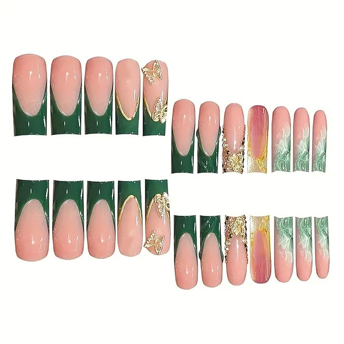 24Pcs Press on Nails Long Green French Tip Fake Nails Square Nails Press Ons Gold Glitter False Nails with 3D Butterfly Designs Artificial Long Square Glue on Nail Stick on Nail for Women