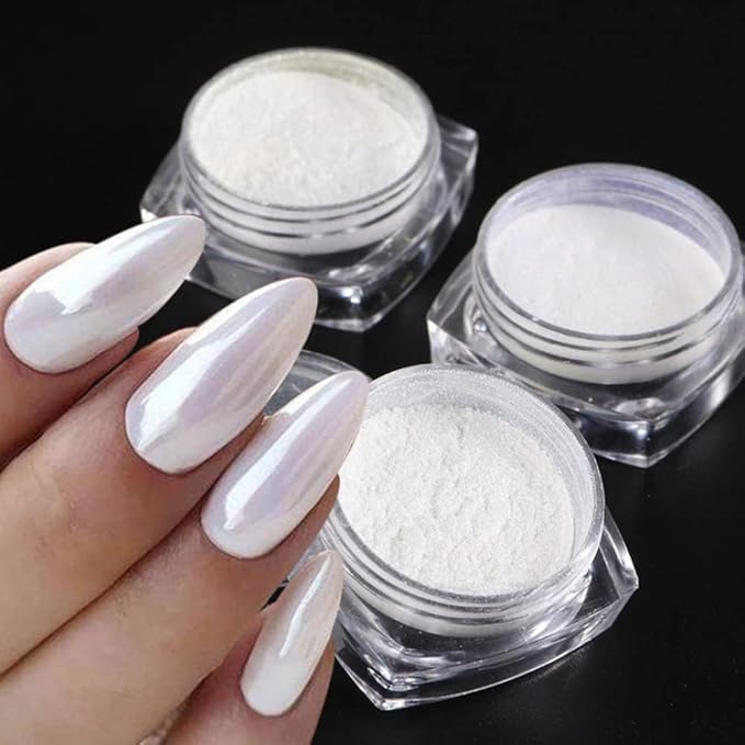 White Pearl Chrome Nail Powder, Mirror Effect Pearlescent Chrome Pigment Powder for Nails, Ice Aurora Nail Powder 3Pcs